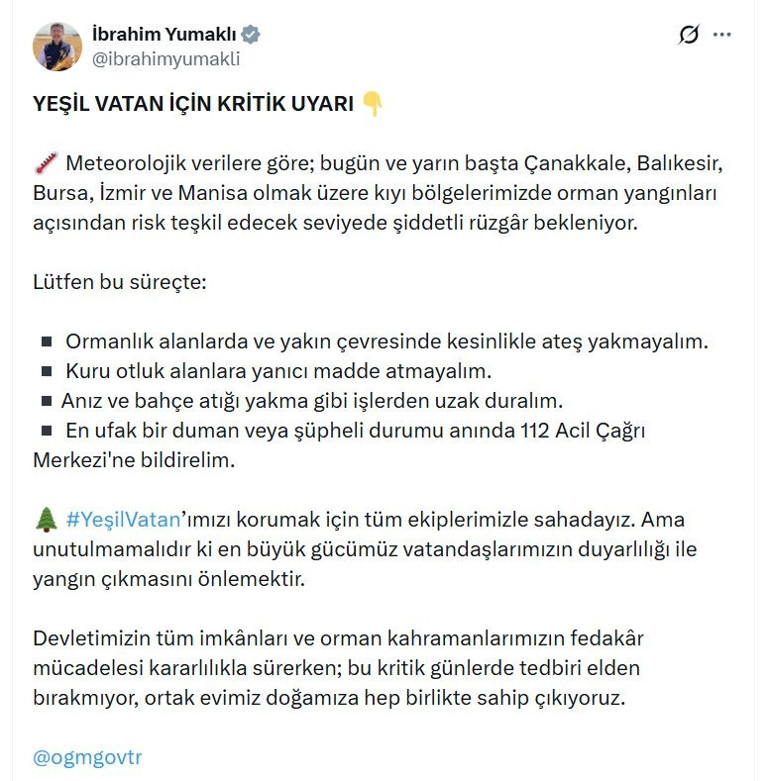 Bakan Yumaklıdan orman yangınlarına karşı uyarı: Şiddetli rüzgar geliyor ateş yakmayalım