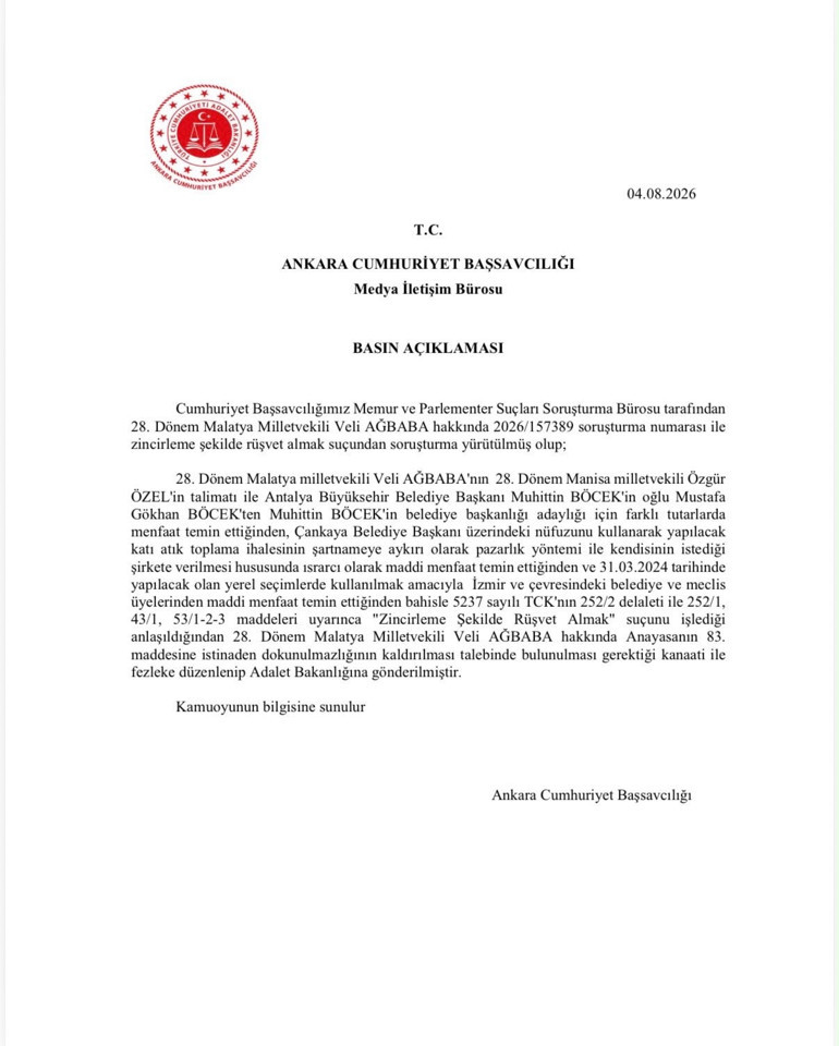 Son dakika : Ankara Cumhuriyet Başsavcılığı, Özgür Özel ve Veli Ağbabanın dokunulmazlığının kaldırılmasını istedi