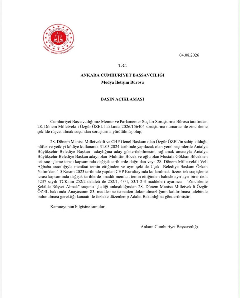 Son dakika : Ankara Cumhuriyet Başsavcılığı, Özgür Özel ve Veli Ağbabanın dokunulmazlığının kaldırılmasını istedi