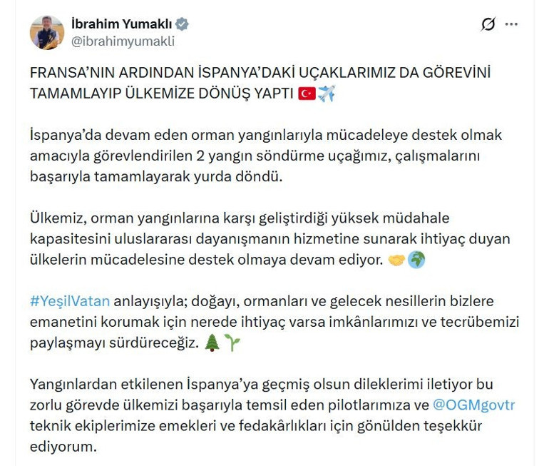 Bakan Yumaklı: Uçaklarımız İspanyadaki görevini tamamlayıp ülkeye döndü