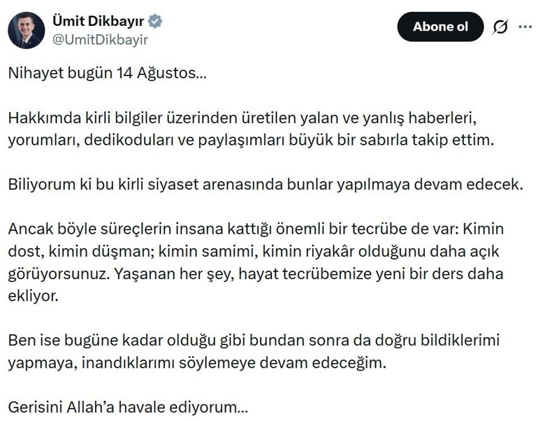 Bağımsız milletvekili Ümit Dikbayır: Hakkımdaki yalan haberleri sabırla takip ettim