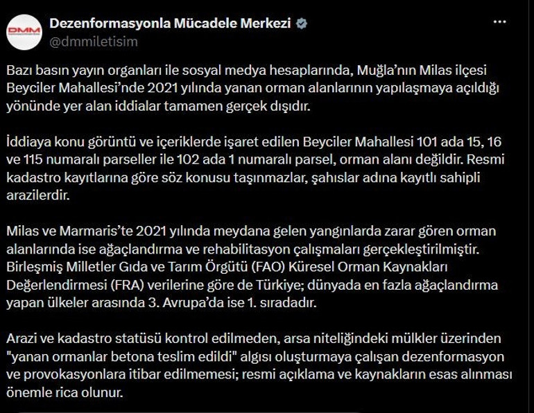 DMMden yanan ormanlar yapılaşmaya açıldı iddialarına yalanlama