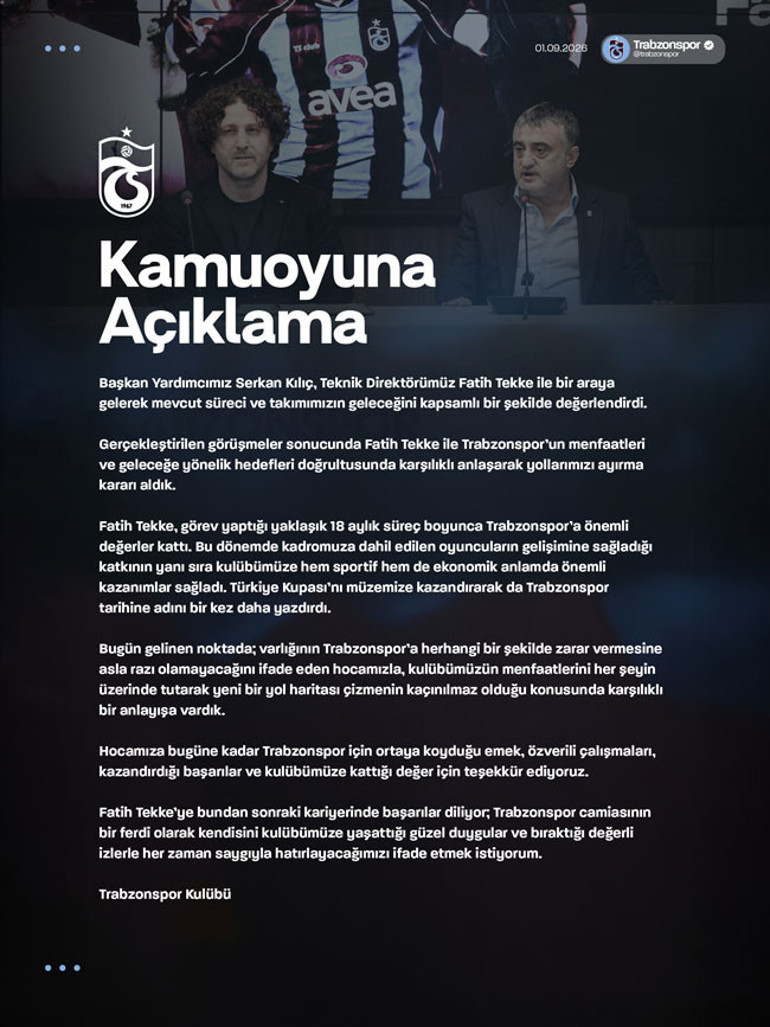 Trabzonspor, Fatih Tekke ile yollarını ayırdı