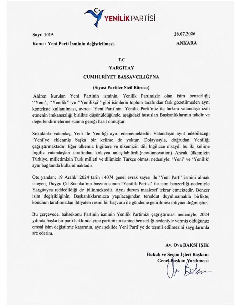 Yenilik Partisi’nden “Yeni Parti” adı için Yargıtay’a başvuru