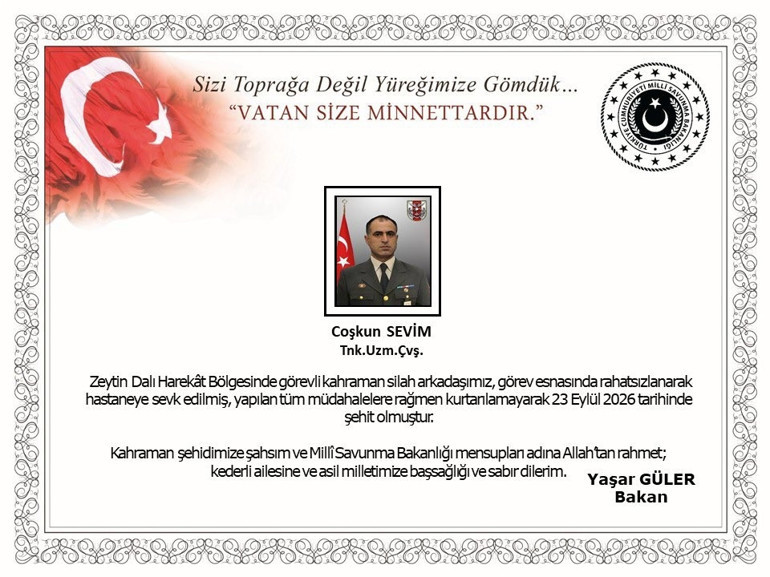 MSB acı haberi duyurdu: Bir askerimiz görev sırasında rahatsızlanarak şehit oldu