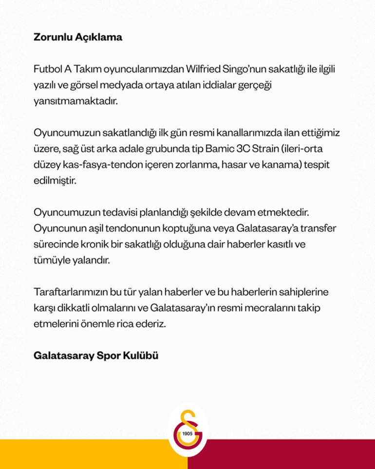 Galatasaraydan Singonun sakatlığına ilişkin açıklama