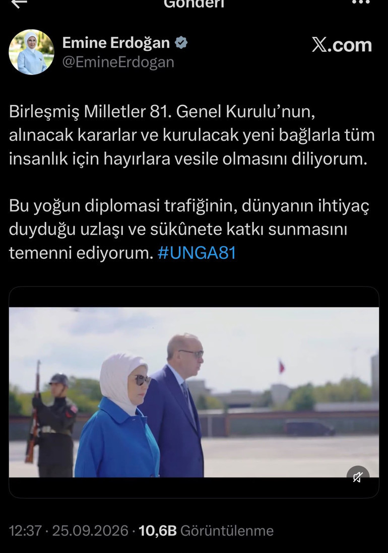 Emine Erdoğandan BM 81. Genel Kurulu mesajı: Uzlaşı ve sükunete katkı sunsun