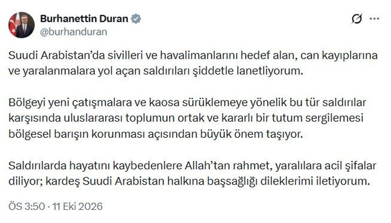 İletişim Başkanı Durandan Suudi Arabistandaki saldırılara tepki