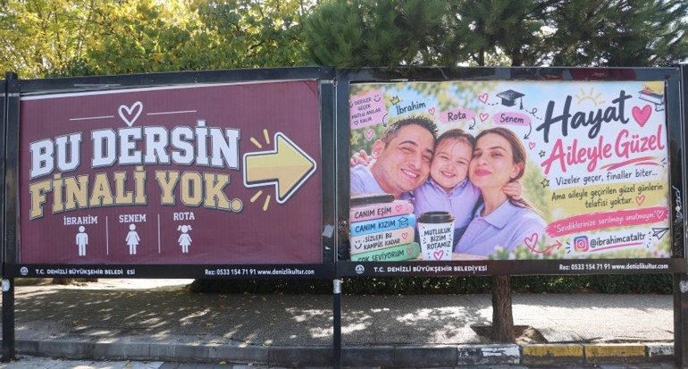 Eşine ve kızına olan sevgisini kentin billboardlarına taşıdı: Dünyaya bir kez gelsem sizi bin kez seçerdim
