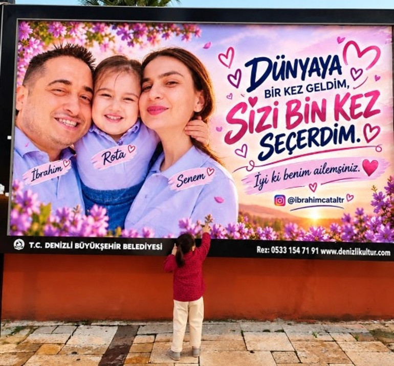 Eşine ve kızına olan sevgisini kentin billboardlarına taşıdı: Dünyaya bir kez gelsem sizi bin kez seçerdim