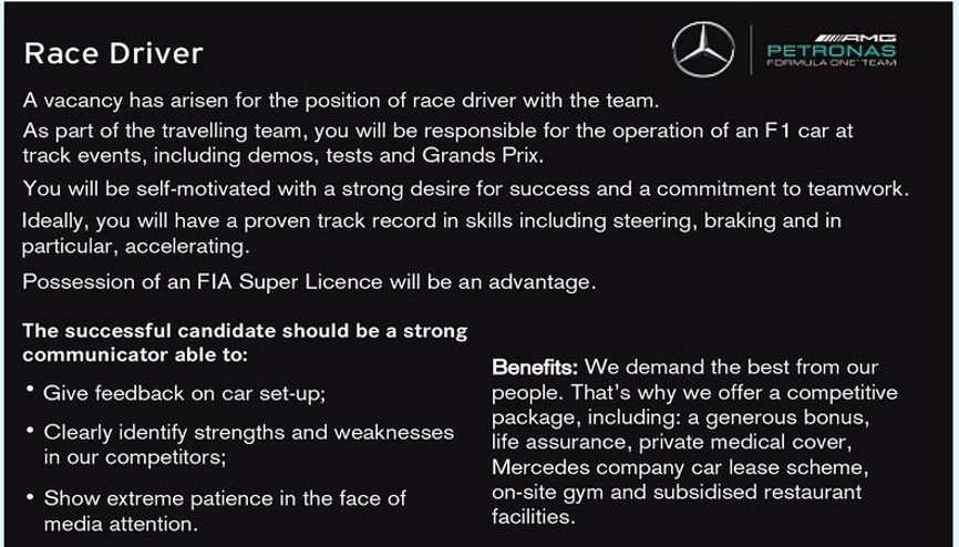 Mercedesten F1 Pilotu Aranıyor ilanı