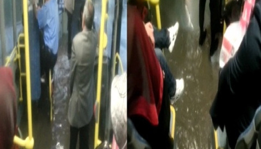 Yolcu otobüsünün içine sel suları doldu