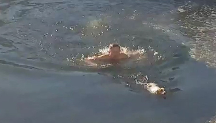 Buz tutmuş göle atlayıp köpeği kurtardı