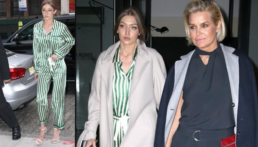 Gigi çizgili pijamayla sokakta