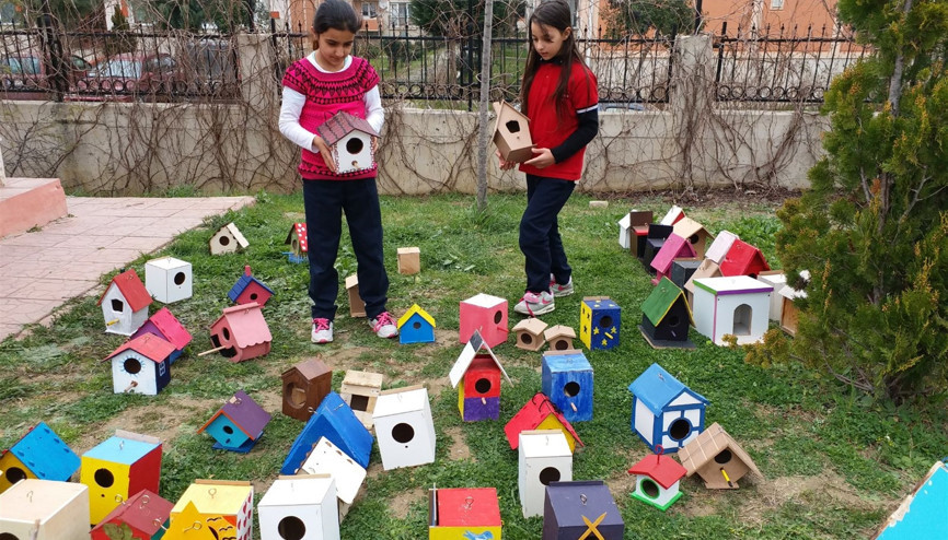 Öğrencilerin yaptığı kuş yuvaları ağaçlara asıldı