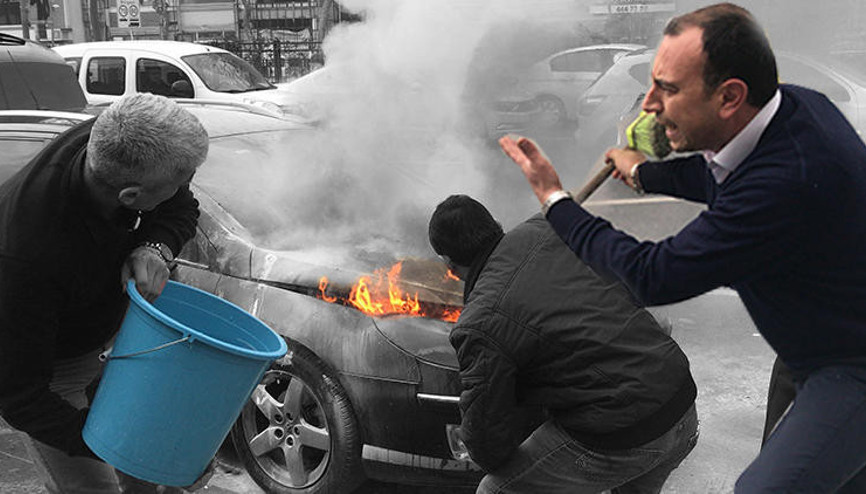 Yanan otomobili söndürmek için vatandaşlar adeta seferber oldu