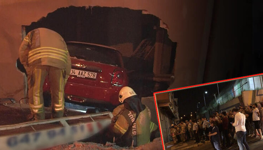 Kontrolden çıkan aracıyla bir binanın salonundan içeriye girdi