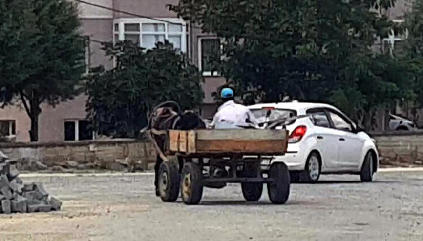 Trafik levhalarını at arabası ile götürürken yakalandı