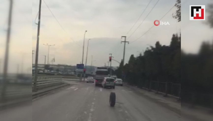 Kamyondan fırlayan tekerlek trafikte onlarca metre böyle gitti
