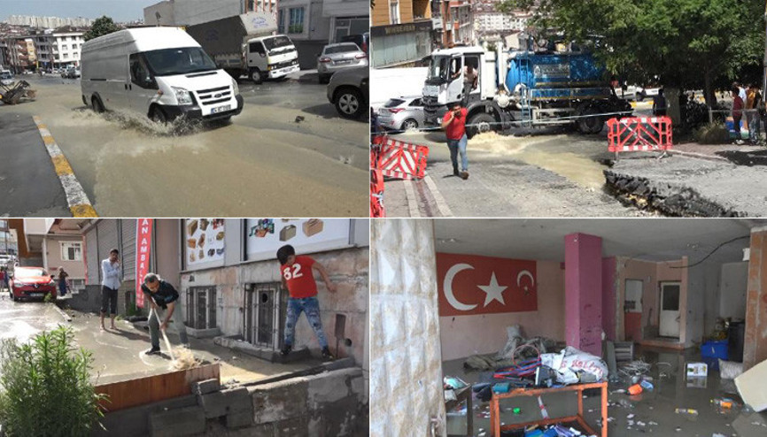 Esenyurtta İSKİ borusu patladı Yollar göle döndü, iş yerlerini su bastı