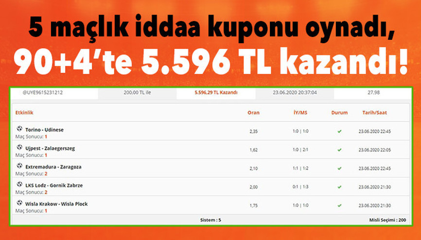 5 maçlık iddaa kuponu oynadı, 90+4’te 5.596 TL kazandı