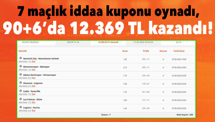 7 maçlık iddaa kuponu oynadı, 90+6’da 12.369 TL kazandı