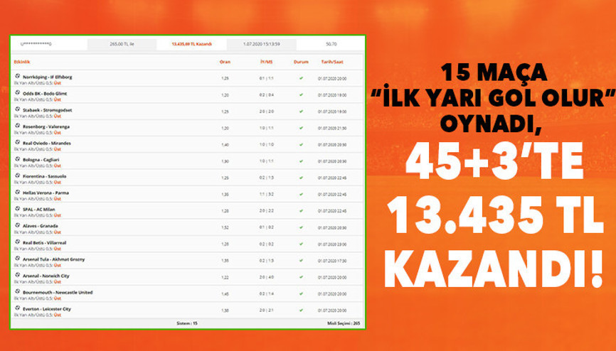 15 maçlık iddaa kuponu oynadı, 45+3te 13.435 TL kazandı