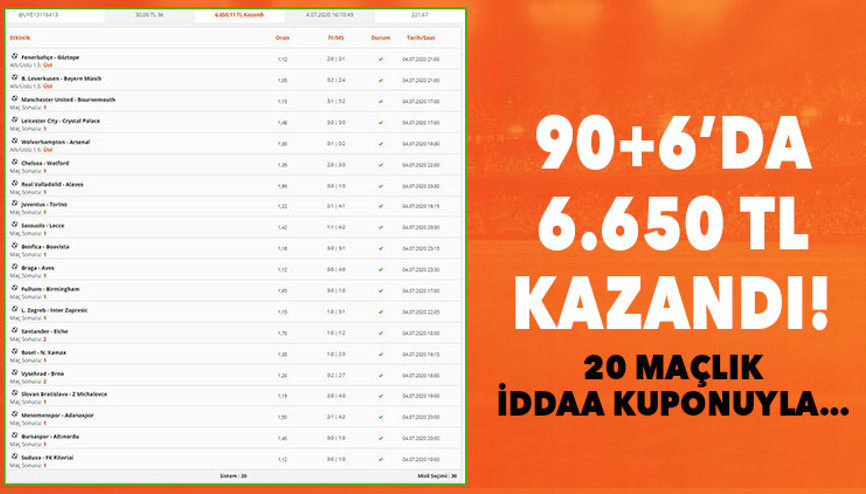 Yok böyle iddaa kuponu 20 maç oynadı, 90+6da 6.650 TL kazandı...