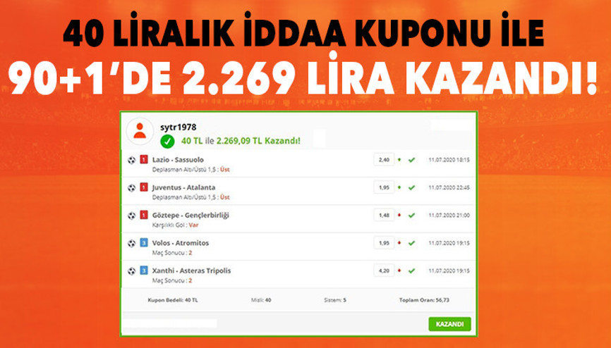 40 liralık iddaa kuponu yaptı, 90+1de 2.269 TL kazandı