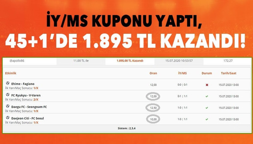 Sistemli iddaa kuponu yaptı, müthiş oranlar bildi 45+1de 1.895 TL kazandı...