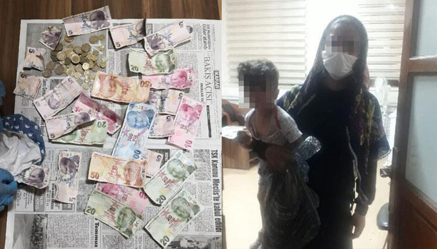 Dilencinin, topladığı paraları torununun üzerinde sakladığı ortaya çıktı