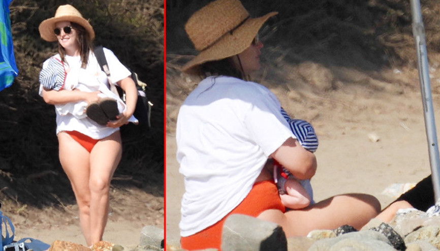 Dizi oyuncusu çiftin iki çocuklu plaj keyfi: Bir elinde bebek, bir elinde terlik