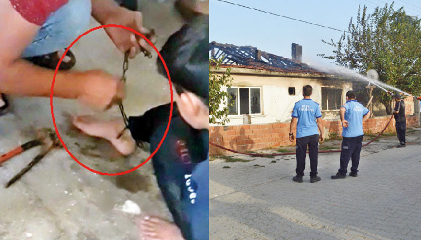 Yangınla zincirden kurtarıldı