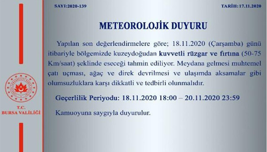 Bursa Valiliğinden fırtına uyarısı