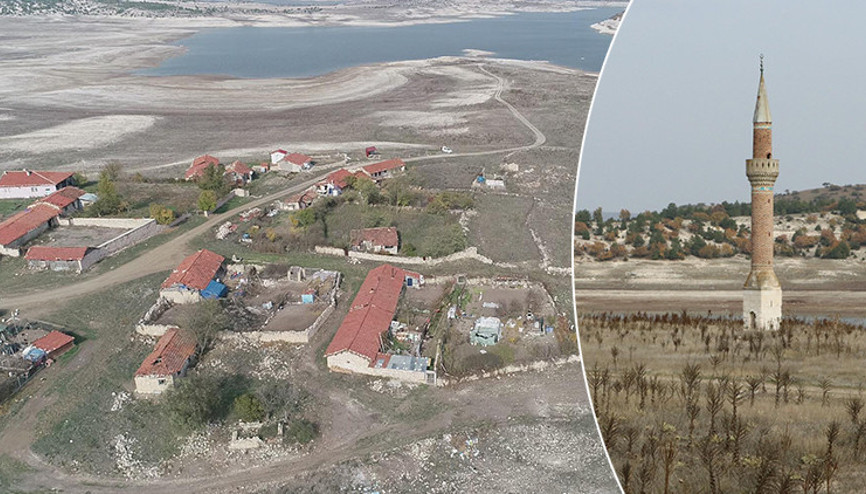 Baraj suları çekildi, eski köy evlerinin bir kısmı ve cami minaresi oraya çıktı
