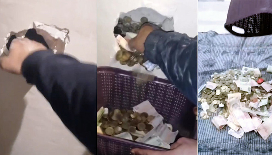 Duvara gizli kumbara yapmış Çekiçle kırdı, o anları paylaştı