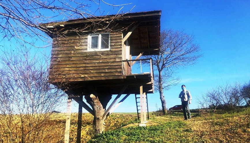 Stresten kaçmak için kendine ağaç ev yaptı Stresten kaçmak için kendine ağaç ev yaptı