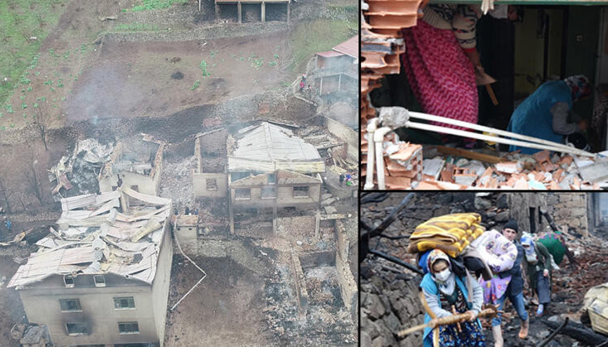 Araklıda 7 evin yandığı yangının ardından aileler, enkazda eşyalarını aradı Araklıda 7 evin yandığı yangının ardından aileler, enkazda eşyalarını aradı