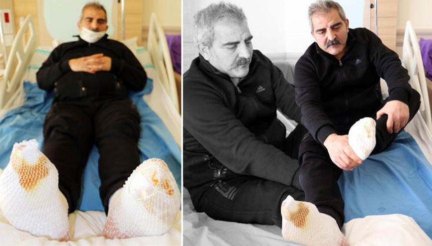 Erzurumda kamyon şoförünün araçtayken ayakları dondu