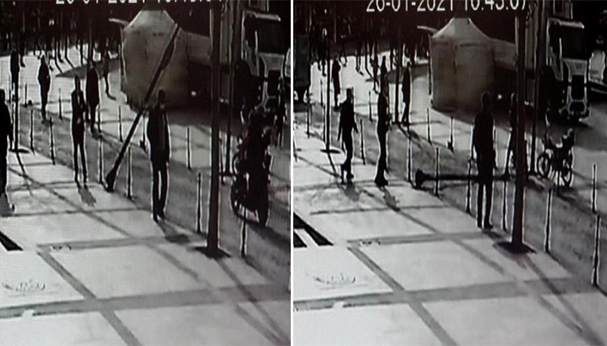 Aydınlatma direği yoldan geçen bisikletlinin üzerine devrildi