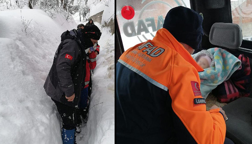 Kar nedeniyle köyde mahsur kalan bebek ve hamile kadın kurtarıldı