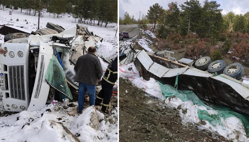 Şarampole devrilen kamyonun sürücüsü yaralandı
