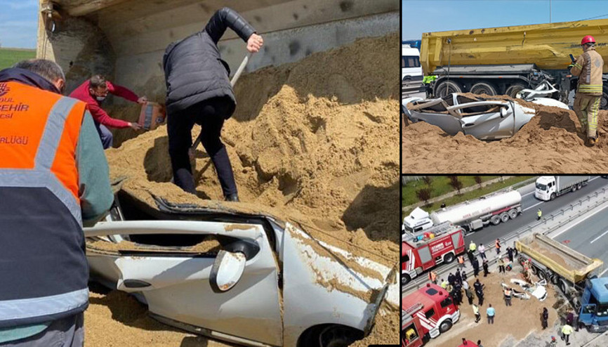 Son dakika... TEMde kum yüklü TIR, otomobilin üstüne devrildi Yol tamamen kapandı