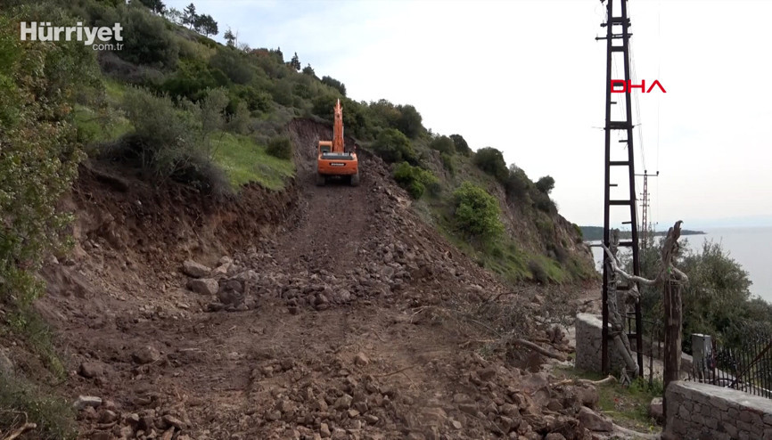 Çanakkalede afet bölgesi Assos antik liman yolunda, kaya ıslahı başladı