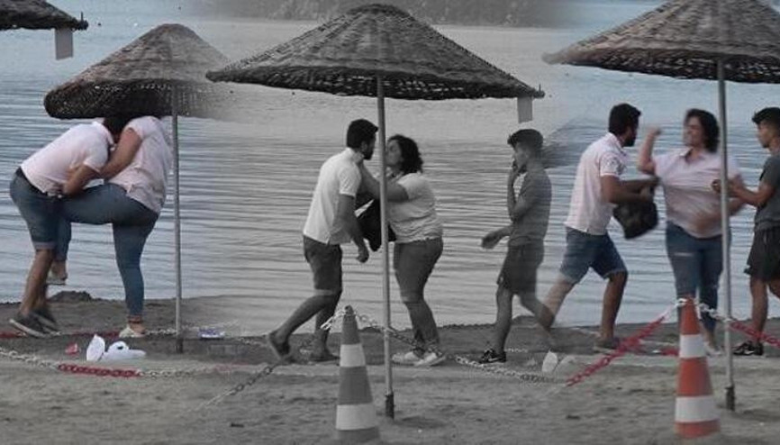 Kadın ile erkeğin Muğladaki bir plajdaki tekme - tokat kavgası kamerada