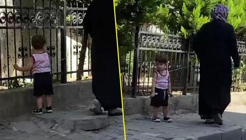 Çocuğu belinden iple bağlayıp gezdiren kadın tepki çekti