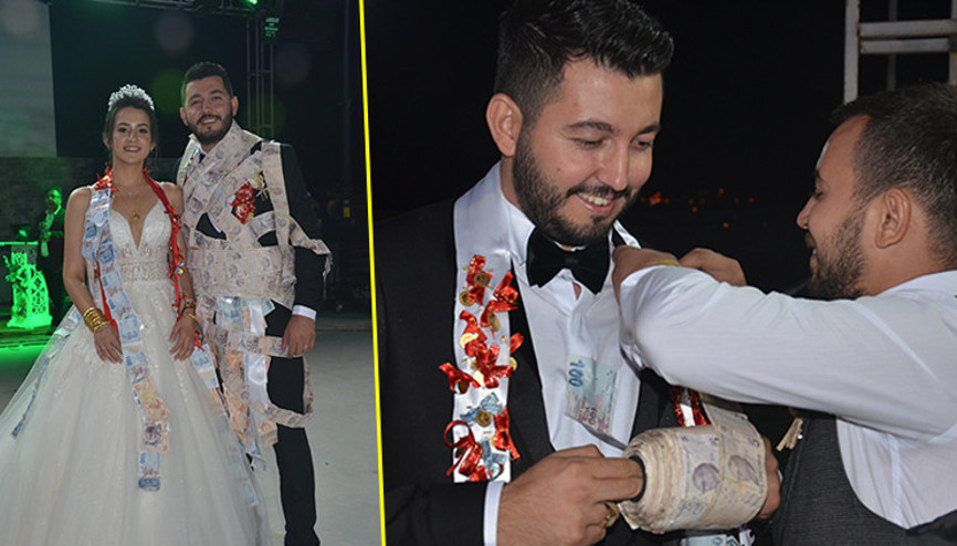 Düğünde damada arkadaşları tarafından 60 metre uzunluğunda 5 liralık banknotlar takıldı