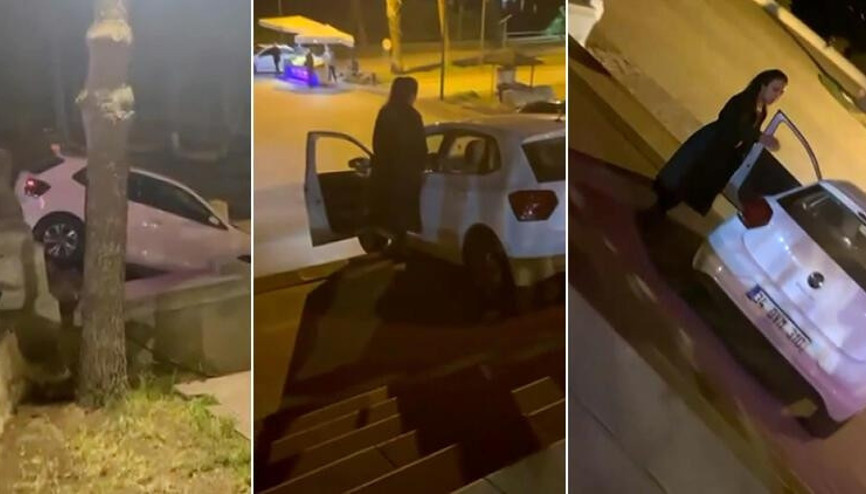 Navigasyonda araç yerine yaya yolunu açınca otomobili merdivende asılı kaldı