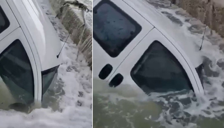 Büyükçekmecede dev dalgalar nedeniyle araç suya uçtu... Büyük panik yaşandı