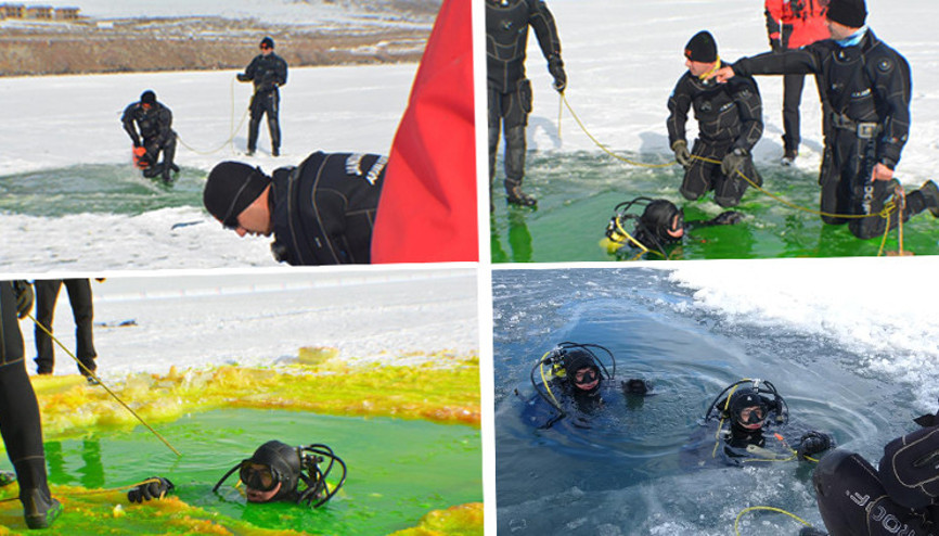 Donan gölde testere ile buzu kesip dalış yaptılar